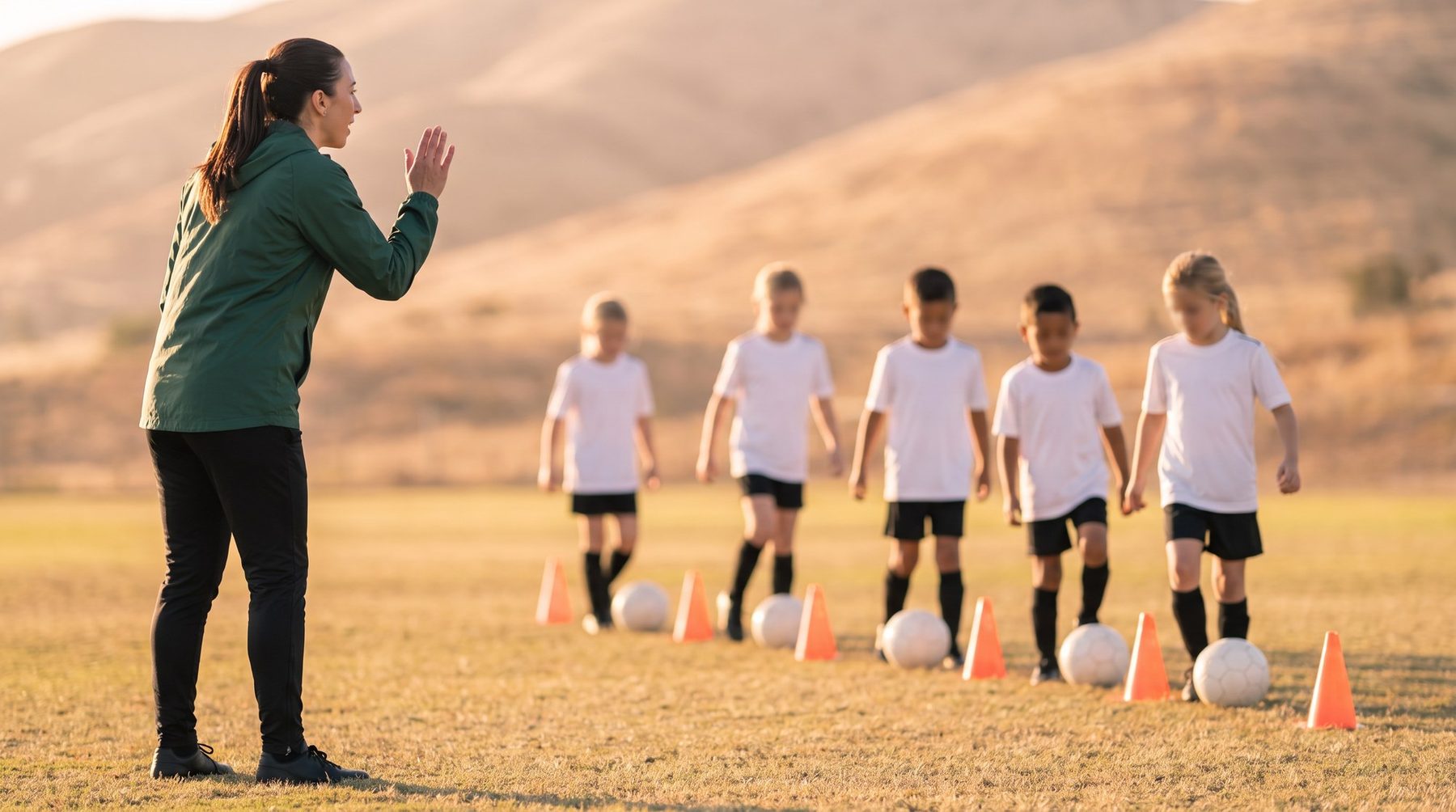 A coach clapping as five young players line up behind their balls to start a dribbling drill