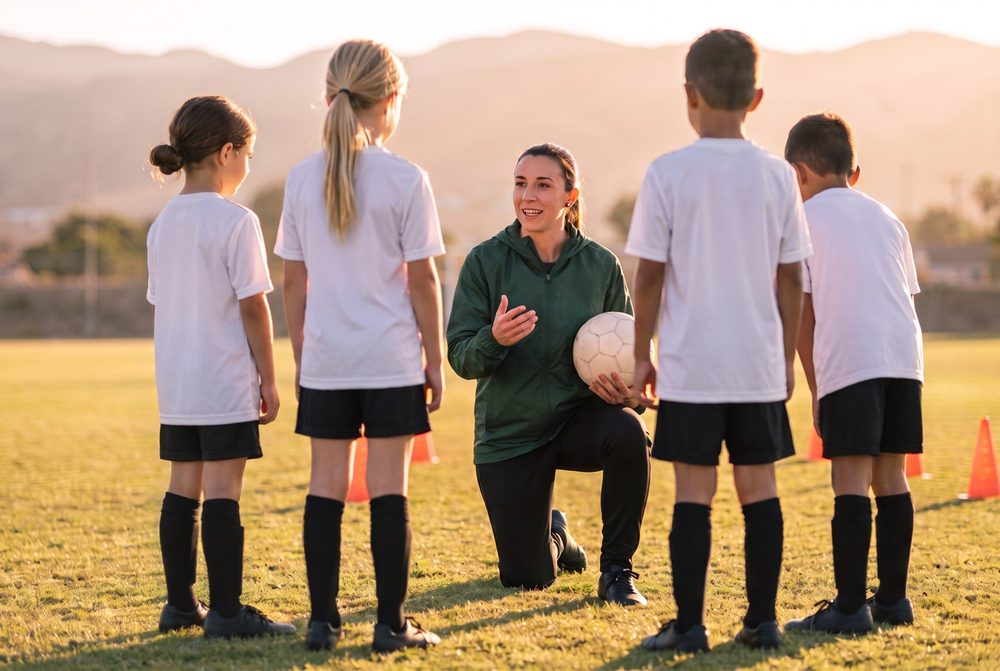 A coach kneeling to talk with four young players on the field